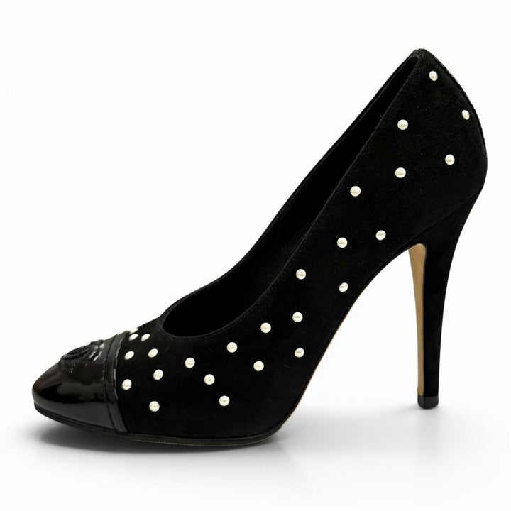 Great CHANEL pumps black Suede leather Women 35 G33422