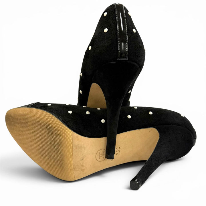 Great CHANEL pumps black Suede leather Women 35 G33422