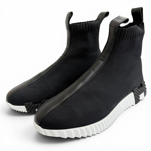 Very Good HERMES sneakers fan H logo sole leather fabric knit socks black 37