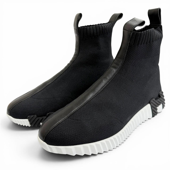 Very Good HERMES sneakers fan H logo sole leather fabric knit socks black 37