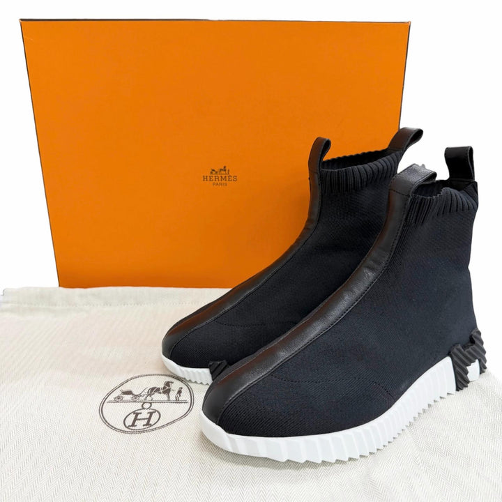 Very Good HERMES sneakers fan H logo sole leather fabric knit socks black 37