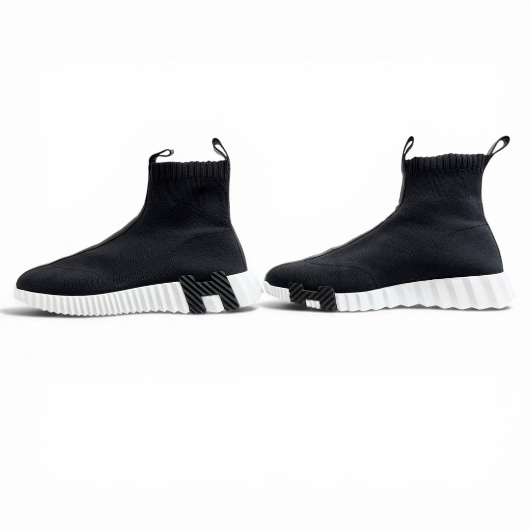 Very Good HERMES sneakers fan H logo sole leather fabric knit socks black 37