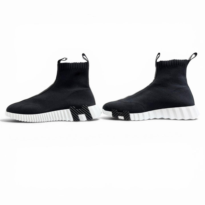 Very Good HERMES sneakers fan H logo sole leather fabric knit socks black 37