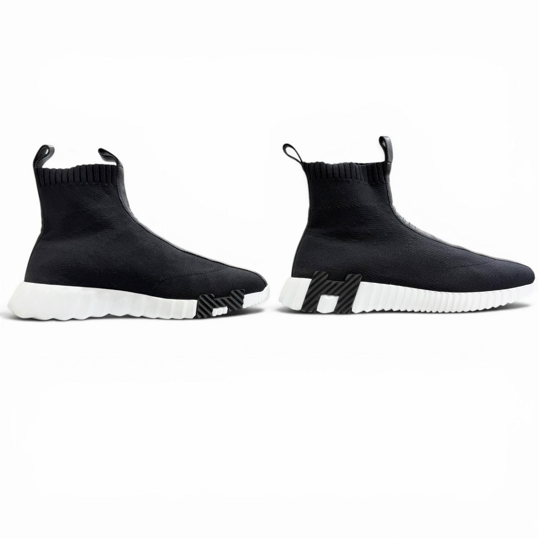 Very Good HERMES sneakers fan H logo sole leather fabric knit socks black 37