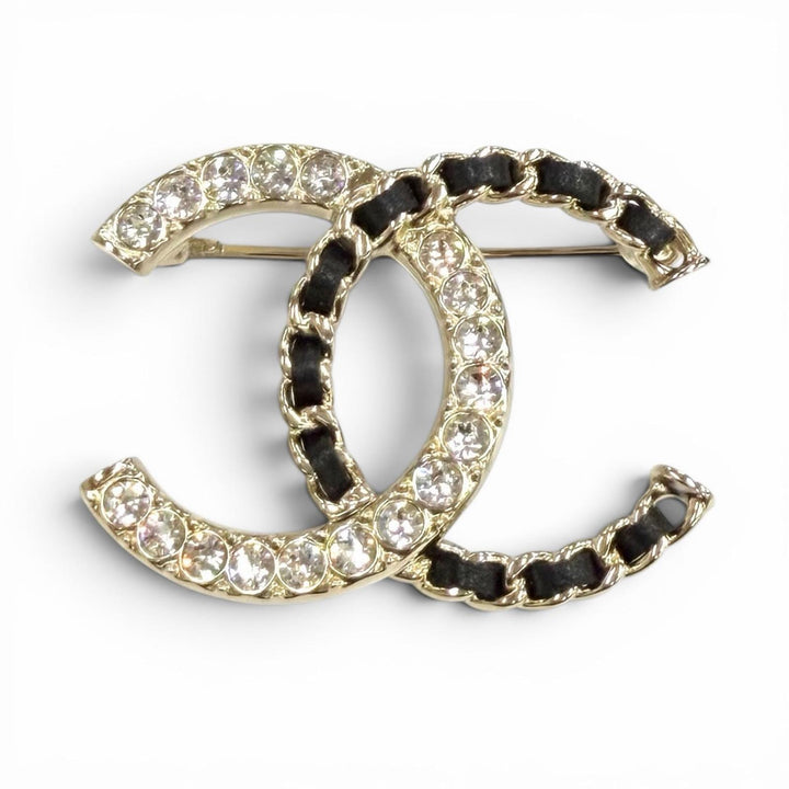 Excellent CHANEL Brooch COCO Mark Rhinestone Leather Chain gold ー Women A25B