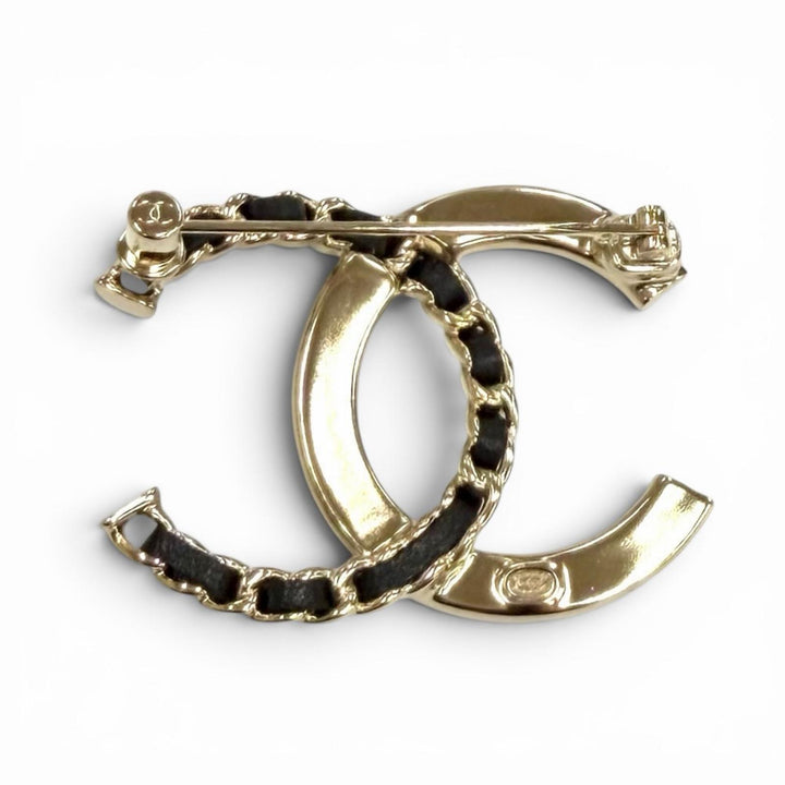 Excellent CHANEL Brooch COCO Mark Rhinestone Leather Chain gold ー Women A25B