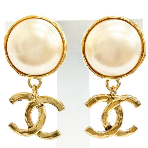 Excellent CHANEL Earring COCO Mark Fake Pearl Swing gold Women 94A