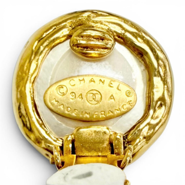 Excellent CHANEL Earring COCO Mark Fake Pearl Swing gold Women 94A