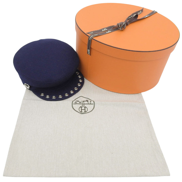 Excellent HERMES Casquette Vauban Sailor Glenn Metal Navy wool Women 58