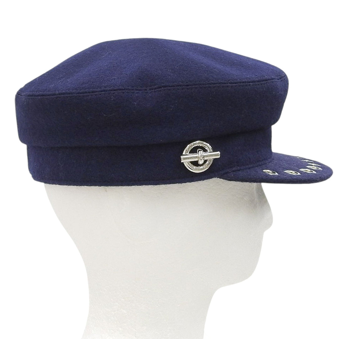 Excellent HERMES Casquette Vauban Sailor Glenn Metal Navy wool Women 58