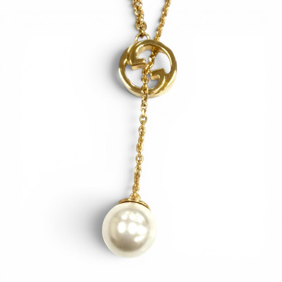 Excellent GUCCI Necklace Gucci Blondie Pearl Drop Necklace Interlocking G gold
