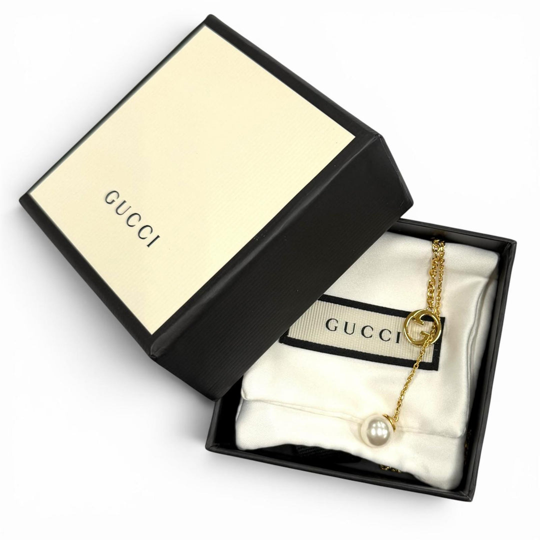 Excellent GUCCI Necklace Gucci Blondie Pearl Drop Necklace Interlocking G gold