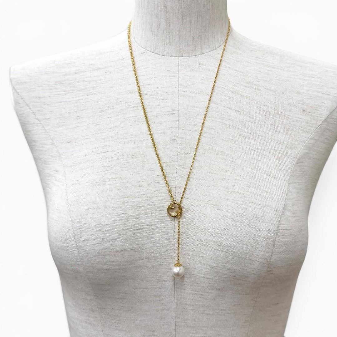 Excellent GUCCI Necklace Gucci Blondie Pearl Drop Necklace Interlocking G gold