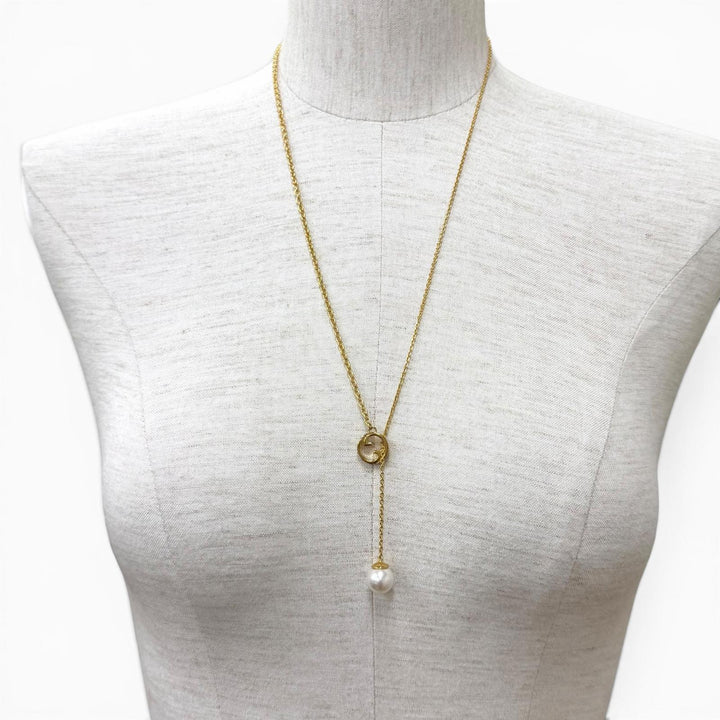 Excellent GUCCI Necklace Gucci Blondie Pearl Drop Necklace Interlocking G gold