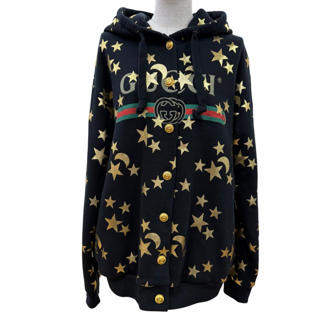 Great GUCCI hoodie GG button logo hooded black cotton Women M 581186