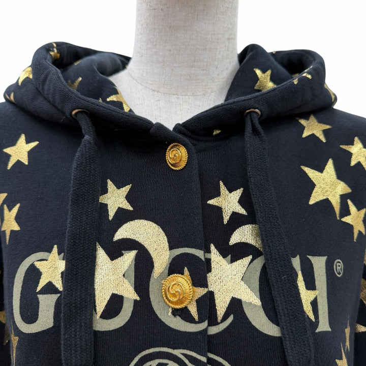 Great GUCCI hoodie GG button logo hooded black cotton Women M 581186