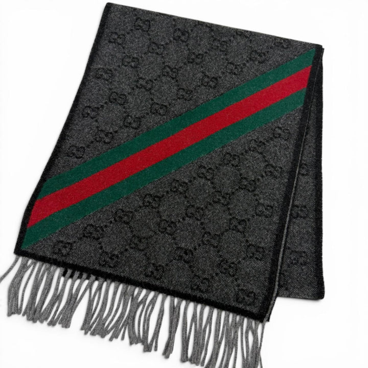 Great GUCCI Scarf GG logo all-over print web stripe gray wool 570603
