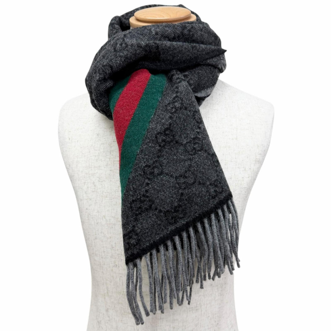 Great GUCCI Scarf GG logo all-over print web stripe gray wool 570603