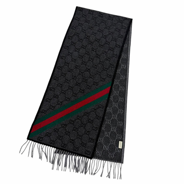 Great GUCCI Scarf GG logo all-over print web stripe gray wool 570603