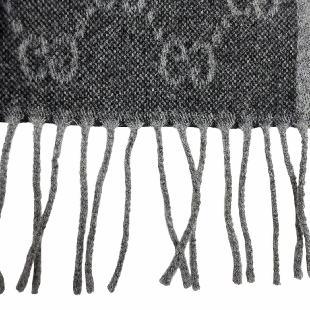 Great GUCCI Scarf GG logo all-over print web stripe gray wool 570603