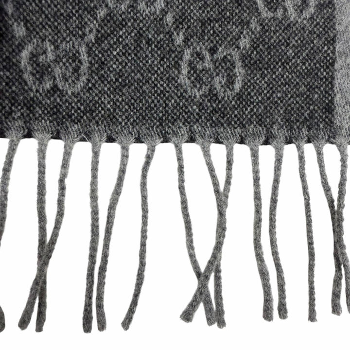 Great GUCCI Scarf GG logo all-over print web stripe gray wool 570603