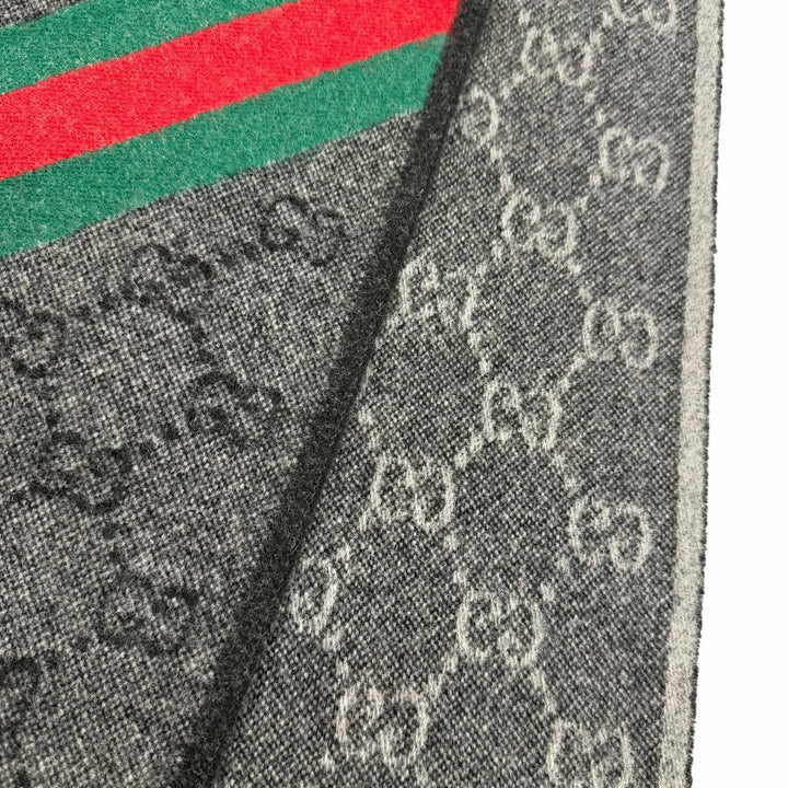 Great GUCCI Scarf GG logo all-over print web stripe gray wool 570603