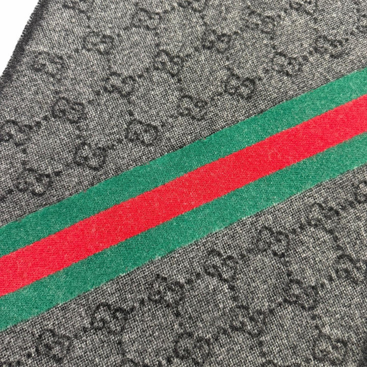 Great GUCCI Scarf GG logo all-over print web stripe gray wool 570603