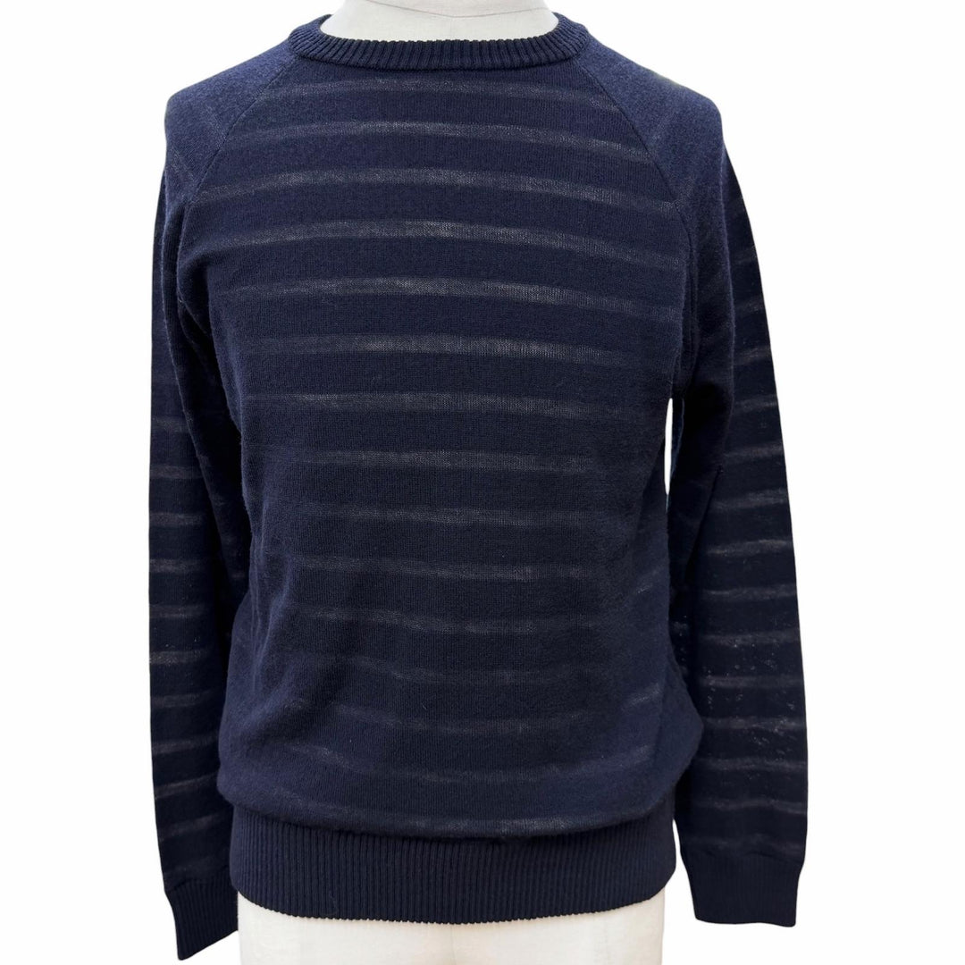 Excellent ZANONE sweater Border Pattern Crew Neck Summer Knit Navy wool mens 50