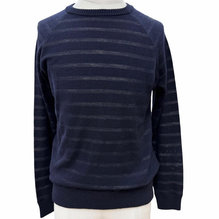 Excellent ZANONE sweater Border Pattern Crew Neck Summer Knit Navy wool mens 50