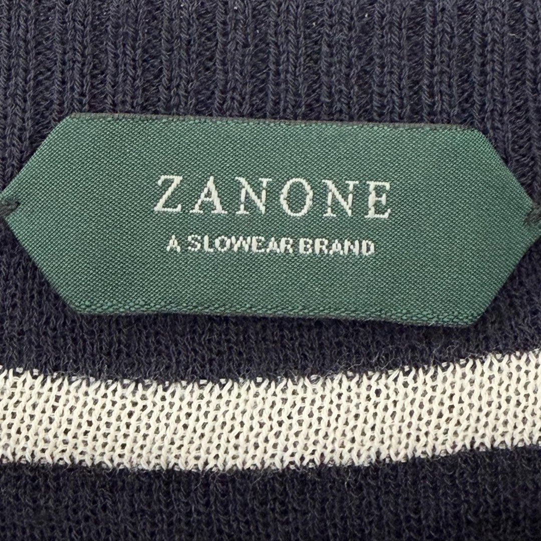 Excellent ZANONE sweater Border Pattern Crew Neck Summer Knit Navy wool mens 50