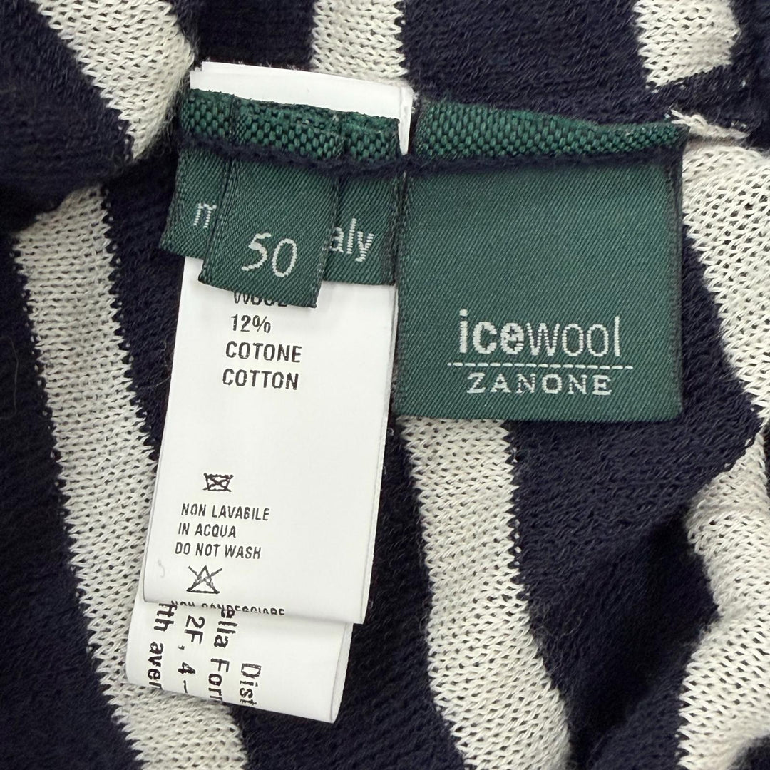 Excellent ZANONE sweater Border Pattern Crew Neck Summer Knit Navy wool mens 50
