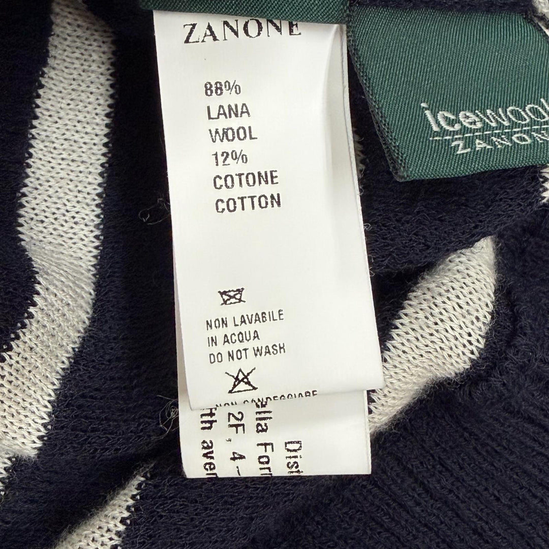 Excellent ZANONE sweater Border Pattern Crew Neck Summer Knit Navy wool mens 50