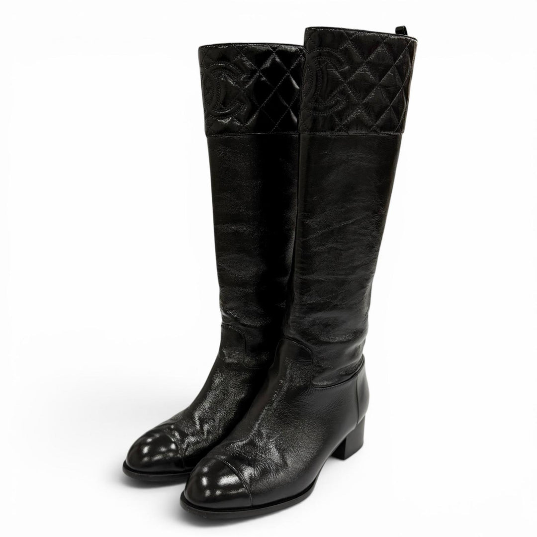 Great CHANEL Knee-high boots COCO Mark Matrasse black leather 37.5 23B G45201