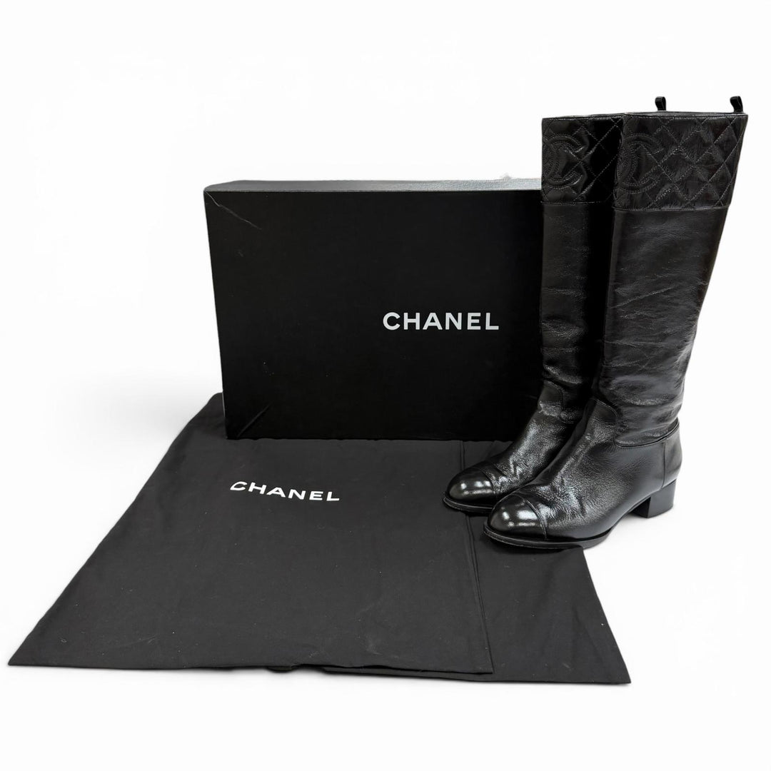 Great CHANEL Knee-high boots COCO Mark Matrasse black leather 37.5 23B G45201