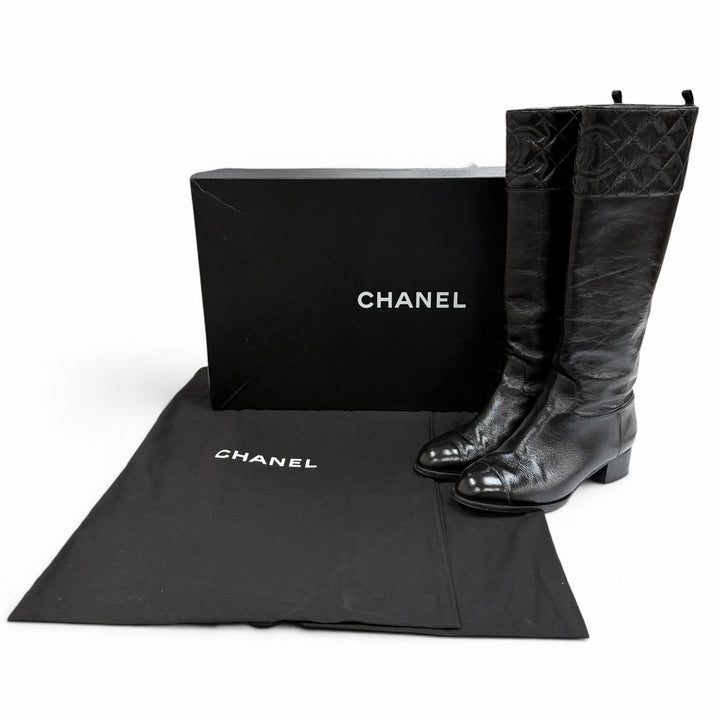 Great CHANEL Knee-high boots COCO Mark Matrasse black leather 37.5 23B G45201