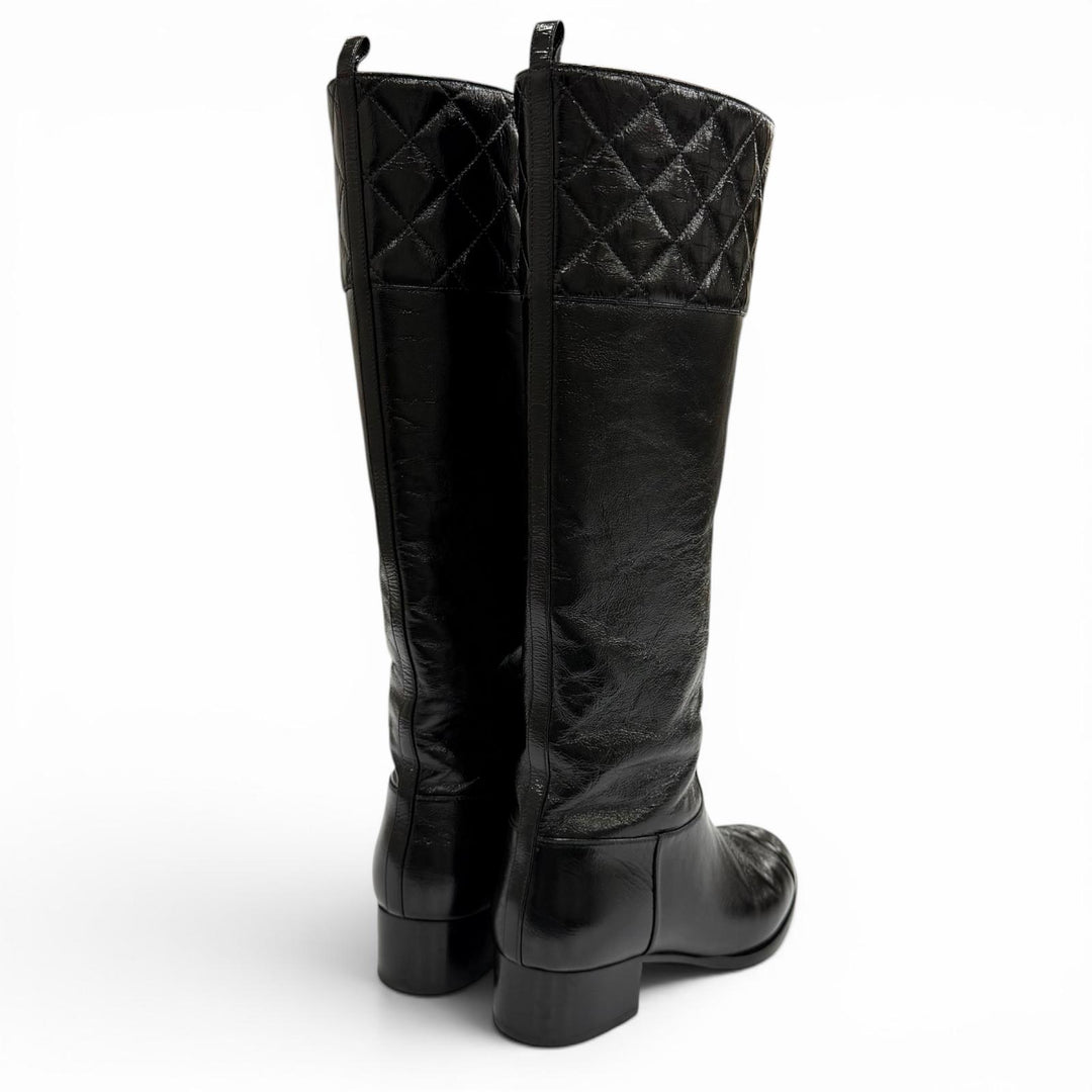 Great CHANEL Knee-high boots COCO Mark Matrasse black leather 37.5 23B G45201
