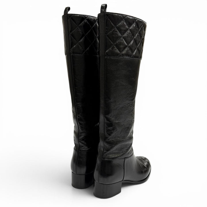 Great CHANEL Knee-high boots COCO Mark Matrasse black leather 37.5 23B G45201