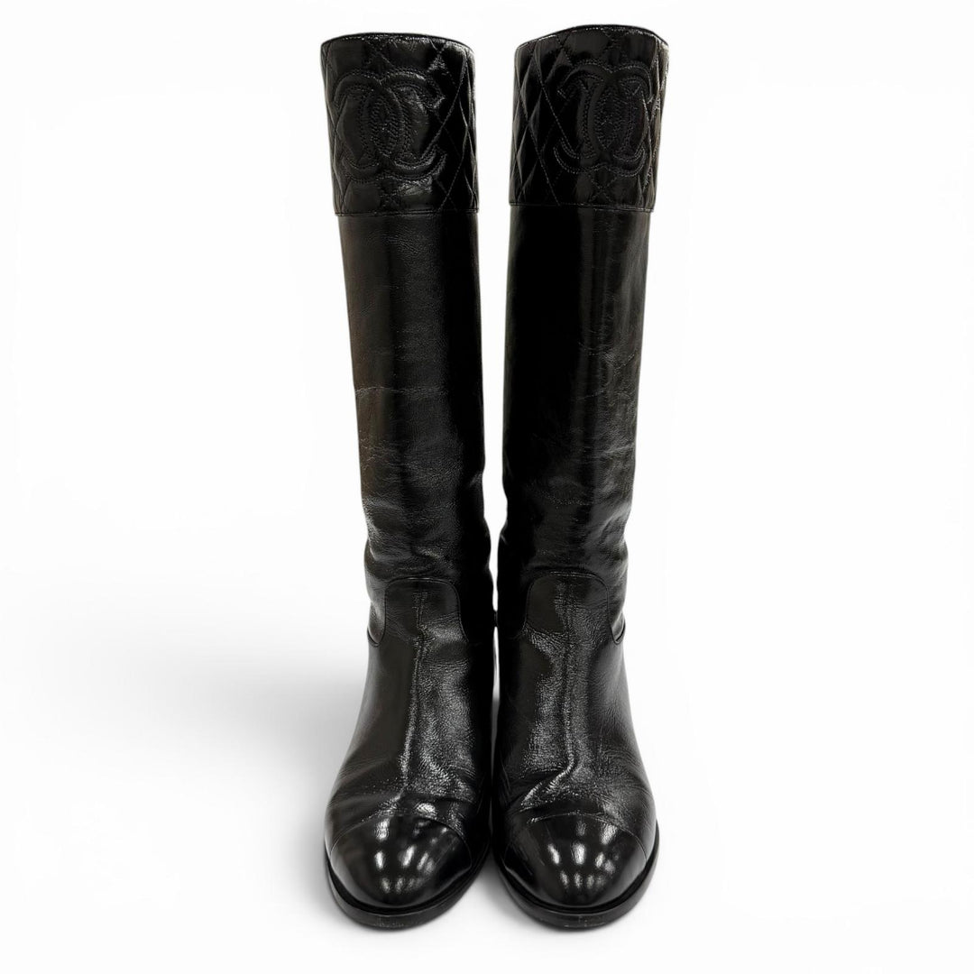 Great CHANEL Knee-high boots COCO Mark Matrasse black leather 37.5 23B G45201