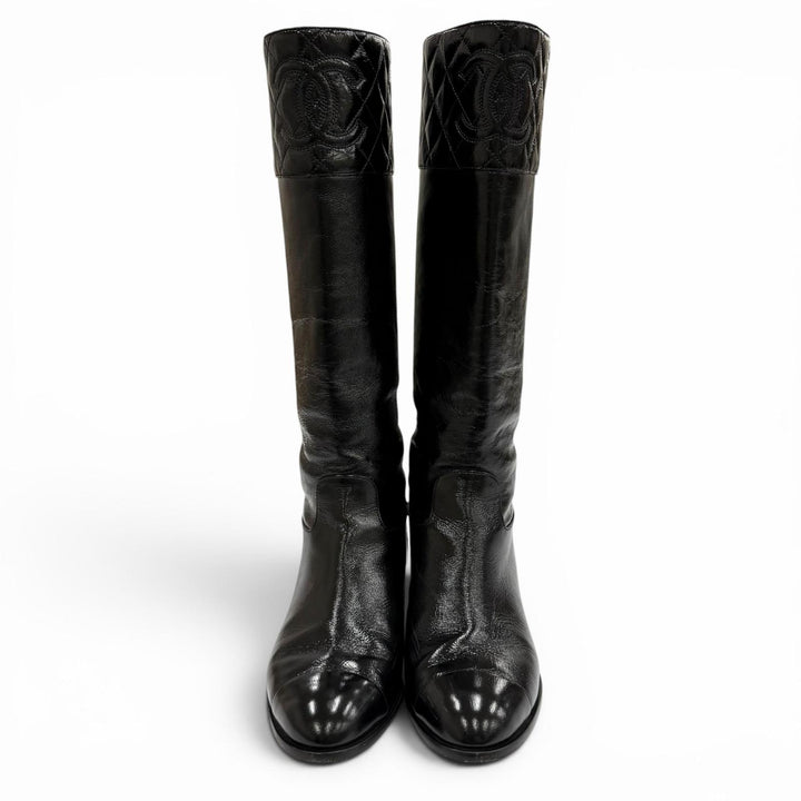 Great CHANEL Knee-high boots COCO Mark Matrasse black leather 37.5 23B G45201