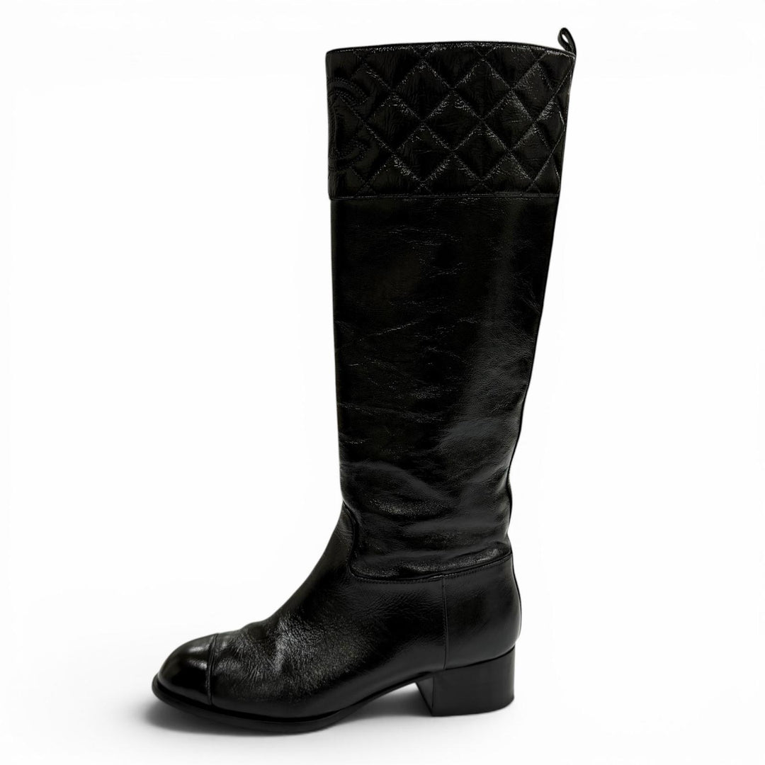 Great CHANEL Knee-high boots COCO Mark Matrasse black leather 37.5 23B G45201