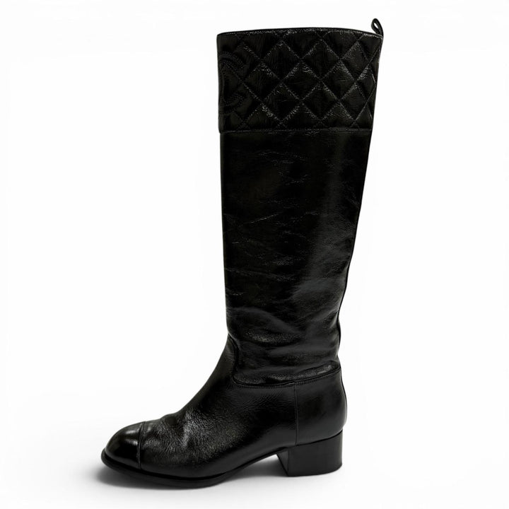 Great CHANEL Knee-high boots COCO Mark Matrasse black leather 37.5 23B G45201