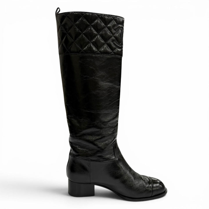 Great CHANEL Knee-high boots COCO Mark Matrasse black leather 37.5 23B G45201