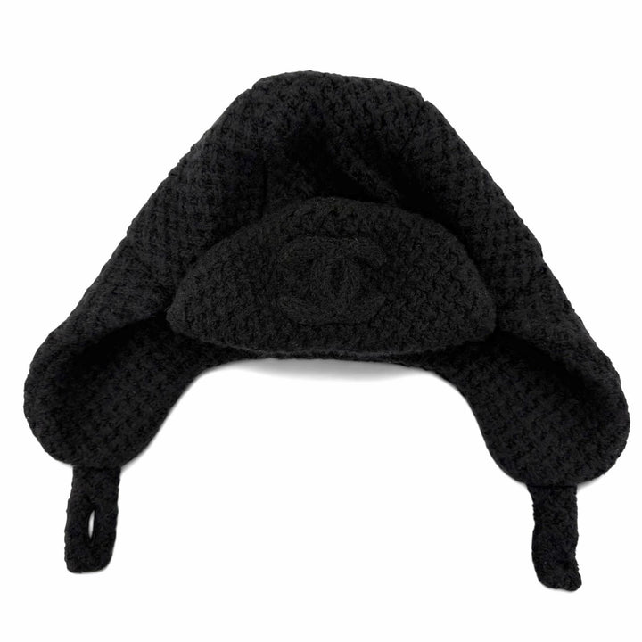 Pristine CHANEL Knit cap COCO Mark Chapka Hat Trapper Hat Flight Hat cashmere