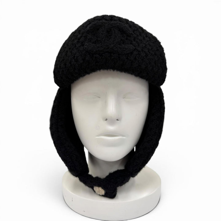 Pristine CHANEL Knit cap COCO Mark Chapka Hat Trapper Hat Flight Hat cashmere