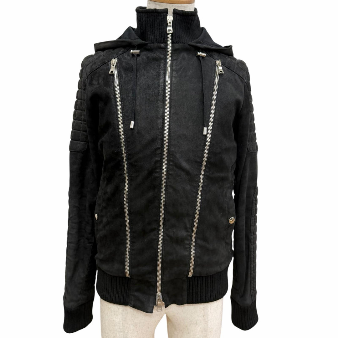 Discounted Great BALMAIN leather jacket Nubuck Hooded black lambskin Leather