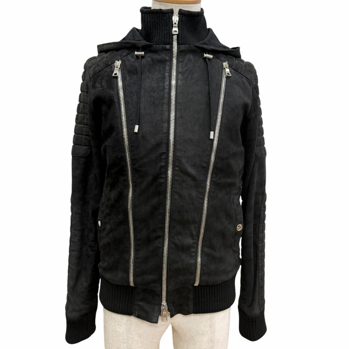 Discounted Great BALMAIN leather jacket Nubuck Hooded black lambskin Leather