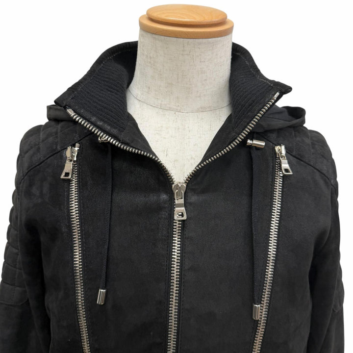 Discounted Great BALMAIN leather jacket Nubuck Hooded black lambskin Leather
