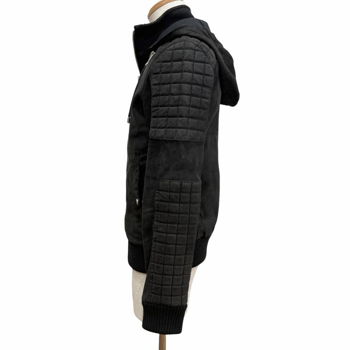 Discounted Great BALMAIN leather jacket Nubuck Hooded black lambskin Leather