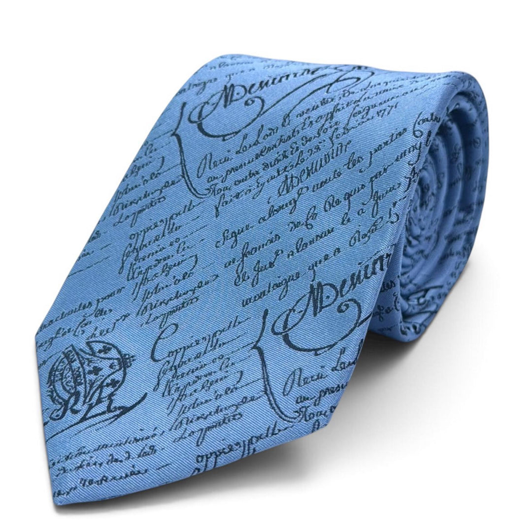 Excellent BERLUTI tie Crest Calligraphy Light blue silk mens