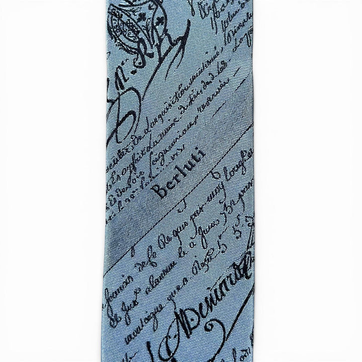 Excellent BERLUTI tie Crest Calligraphy Light blue silk mens